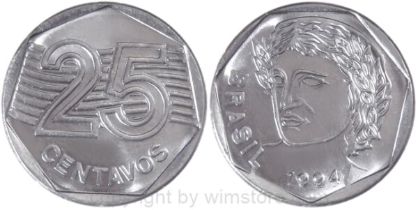 Brasilien, 25 Centavos 1994 - 1995, KM 634, Stahl