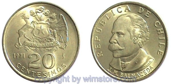 Chile, 20 Centesimos 1971 - 1972, KM 195, Alu/Bro