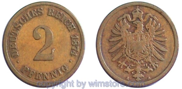 Deutsches Kaiserreich, 2 Pfennig 1873 - 1877, KM  2, Kupfer