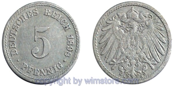 Deutsches Kaiserreich, 5 Pfennig 1890 - 1915, KM 11, Ku/Ni