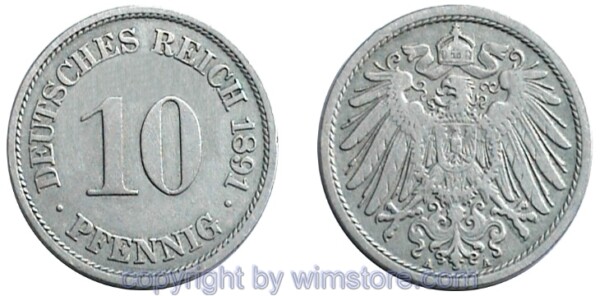 Deutsches Kaiserreich, 10 Pfennig 1890 - 1916, KM 12, Ku/Ni