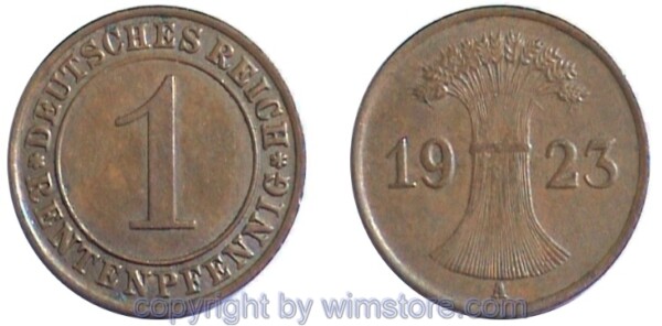 Weimarer Republik, 1 Rentenpfennig 1923 - 1929, KM 30, Kupfer