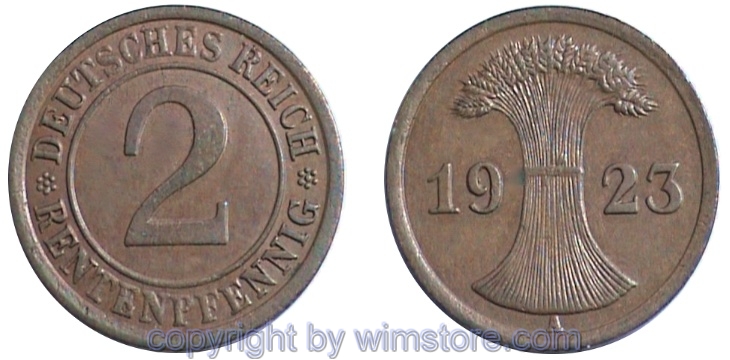 Weimarer Republik, 2 Rentenpfennig 1923 - 1924, KM 31, Kupfer