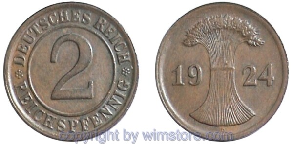 Weimarer Republik, 2 Reichspfennig 1923 - 1936, KM 38, Kupfer