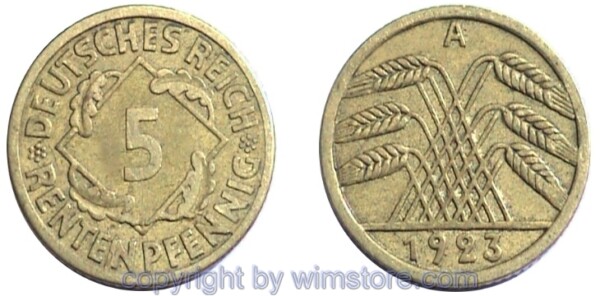 Weimarer Republik, 5 Rentenpfennig 1923 - 1925, KM 32, Ku/Alu