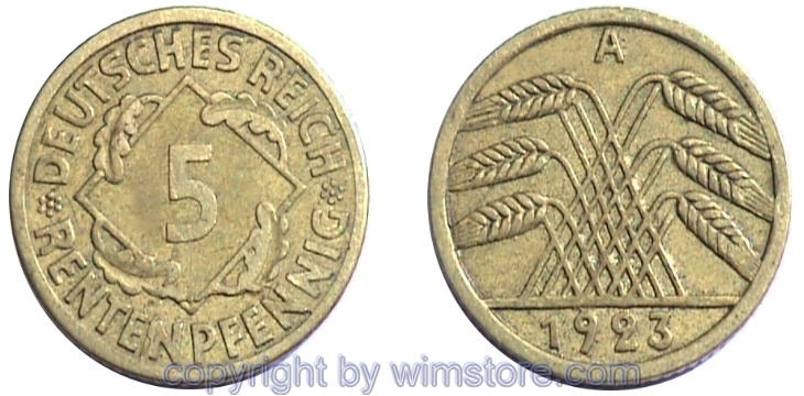 Weimarer Republik, 5 Rentenpfennig 1923 - 1925, KM 32, Ku/Alu