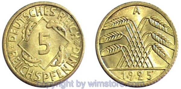 Weimarer Republik, 5 Reichspfennig 1924 - 1936, KM 39, Ku/Alu