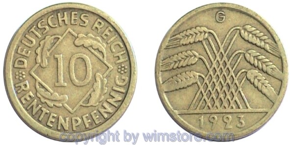 Weimarer Republik, 10 Rentenpfennig 1923 - 1925, KM 33, Ku/Alu