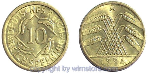 Weimarer Republik, 10 Reichspfennig 1924 - 1936, KM 40, Ku/Alu