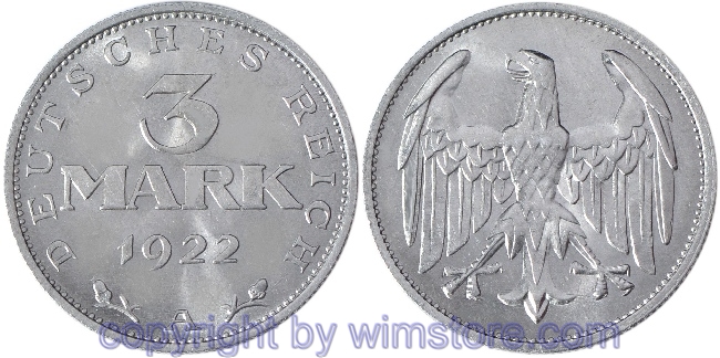 Weimarer Republik, 3 Mark 1922 A, KM 28, Aluminium