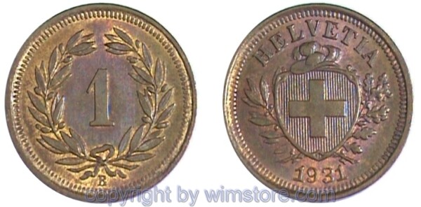 Schweiz, 1 Rappen 1902 - 1941, KM 3.2, Bronze