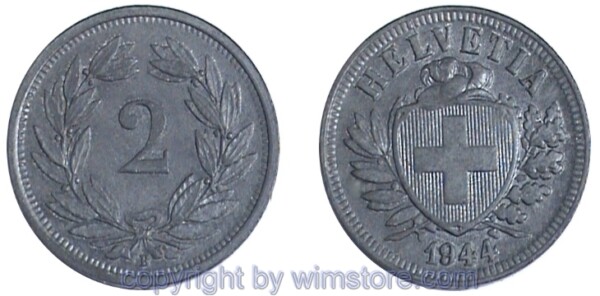 Schweiz, 2 Rappen 1942 - 1946, KM 4.2b, Zink