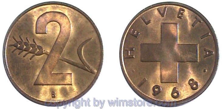 Schweiz, 2 Rappen 1948 - 1974, KM 47, Bronze