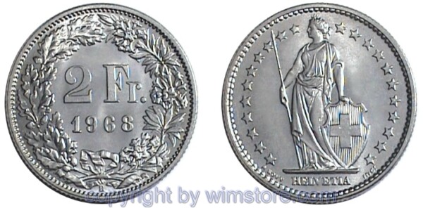 Schweiz, 2 Franken 1968 - 1981, KM 21a.1, Ku/Ni