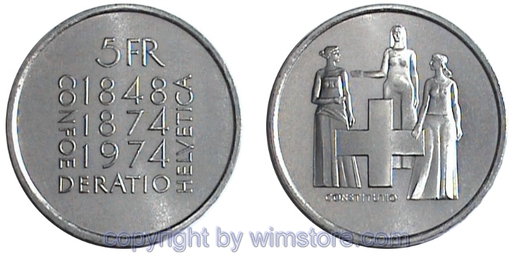 Schweiz, 5 Franken 1974, Verfassung, KM 52, Ku/Ni