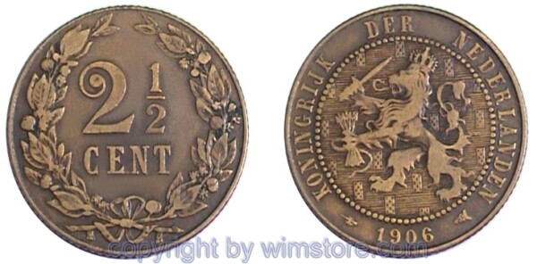 Niederlande, 2 1/2 Cents 1903 - 1906, KM 134, Bronze