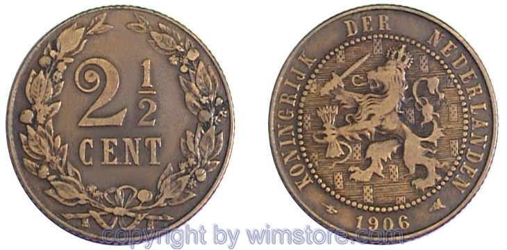 Niederlande, 2 1/2 Cents 1903 - 1906, KM 134, Bronze