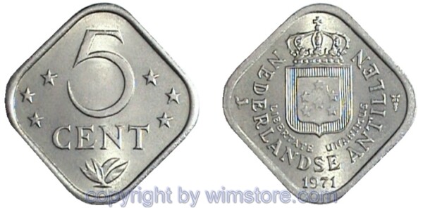 Niederländische Antillen, 5 Cents 1971 - 1985, KM 13, Ku/Ni