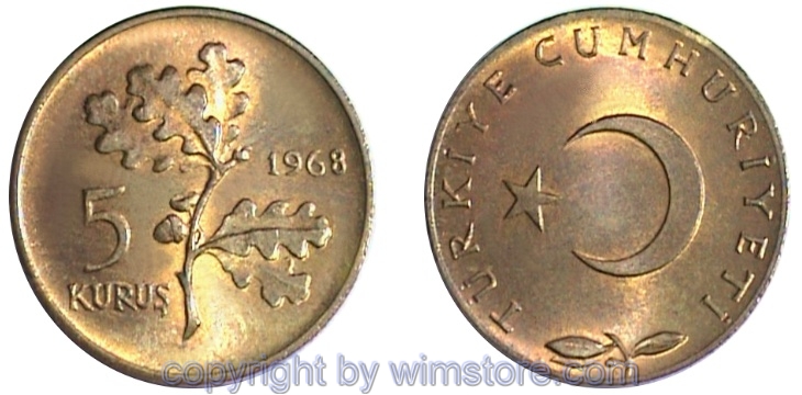 Türkei, 5 Kurus 1958 - 1968, KM 890.1, Bronze