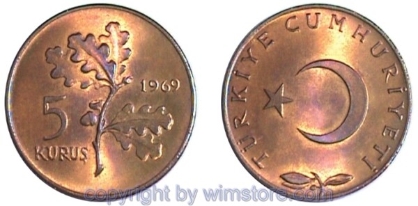 Türkei, 5 Kurus 1969 - 1973, KM 890.2, Bronze