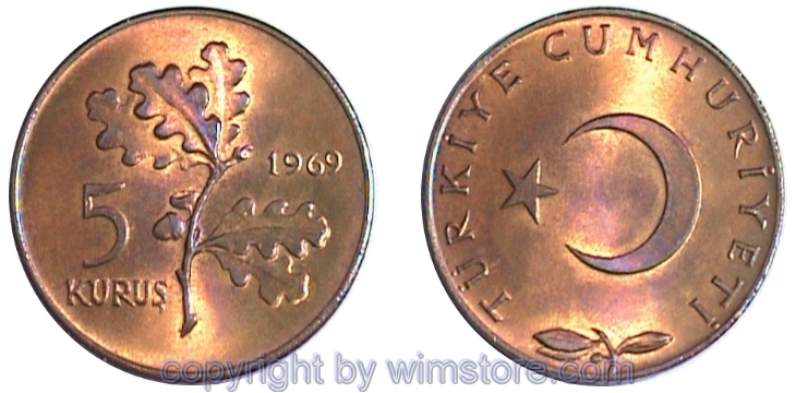 Türkei, 5 Kurus 1969 - 1973, KM 890.2, Bronze