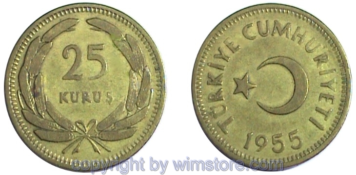 Türkei, 25 Kurus 1948 - 1956, KM 886, Messing