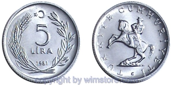 Türkei, 5 Lira 1981, KM 944, Aluminium