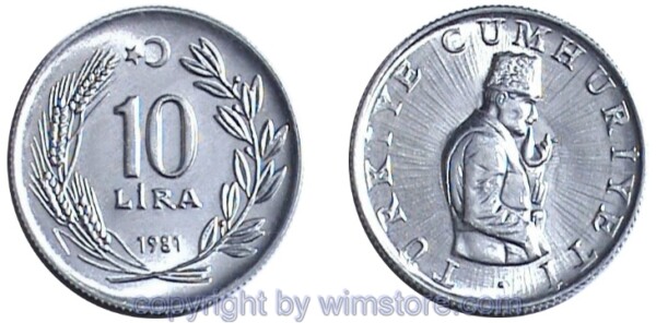 Türkei, 10 Lira 1981, KM 945, Aluminium