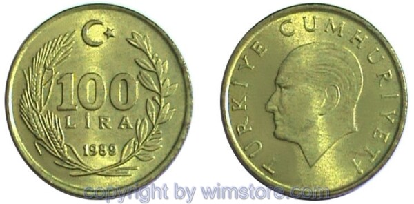 Türkei, 100 Lira 1988 - 1994, KM 988, Alu/Bro