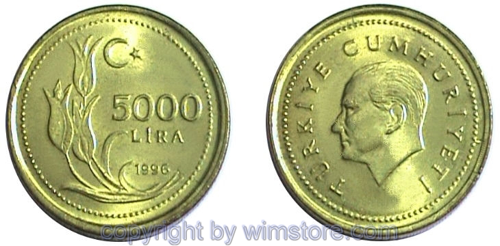 Türkei, 5000 Lira 1995 - 1999, KM 1029.1, Messing