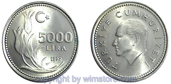 Türkei, 5000 Lira 1992 - 1994, KM 1025, Ni/Bro