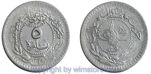 Türkei, AH1327 - AH1336, Muhammad V., 5 Para AH1327, Reshat, Konstantinopel, KM 759, Nickel