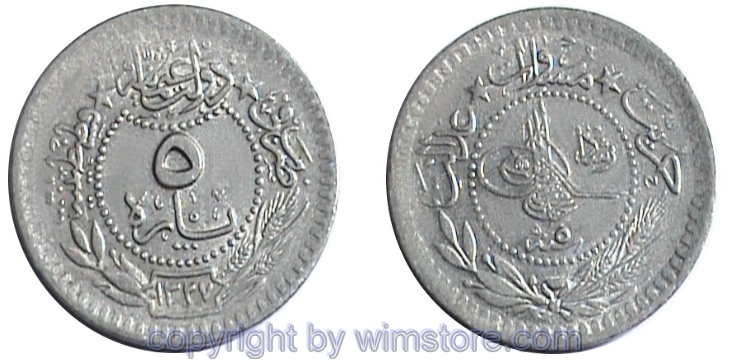 Türkei, AH1327 - AH1336, Muhammad V., 5 Para AH1327, Reshat, Konstantinopel, KM 759, Nickel