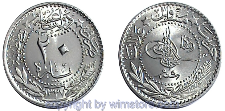 Türkei, AH1327 - AH1336, Muhammad V., 20 Para AH1327, Reshat, Konstantinopel, KM 761, Nickel