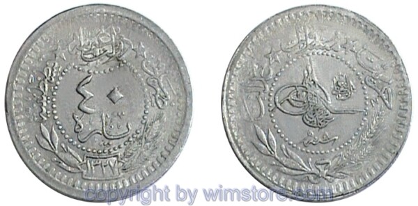 Türkei, AH1327 - AH1336, Muhammad V., 40 Para AH1327, el-Ghazi, Konstantinopel, KM 779, Ku/Ni
