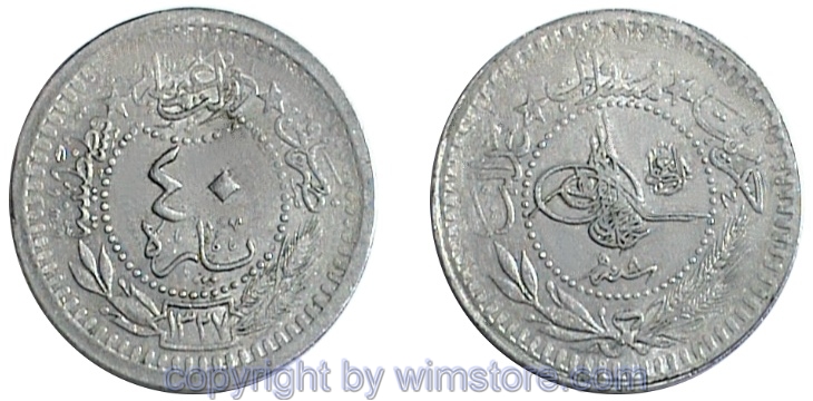 Türkei, AH1327 - AH1336, Muhammad V., 40 Para AH1327, el-Ghazi, Konstantinopel, KM 779, Ku/Ni