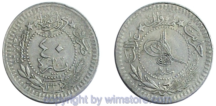 Türkei, AH1336 - AH1341, Muhammad VI., 40 Para AH1336/4, Konstantinopel, KM 828, Ku/Ni
