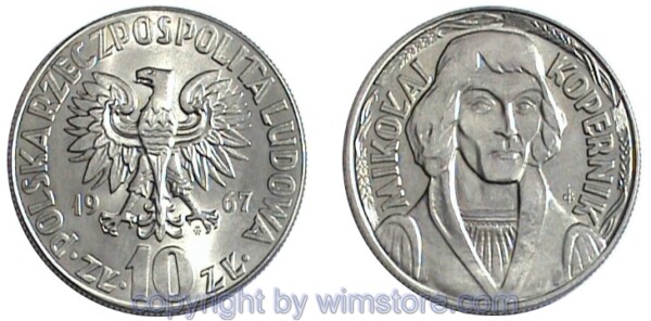 Polen, 10 Zlotych 1967 - 1969, Nicolaus Copernicus, Y 51a, Ku/Ni