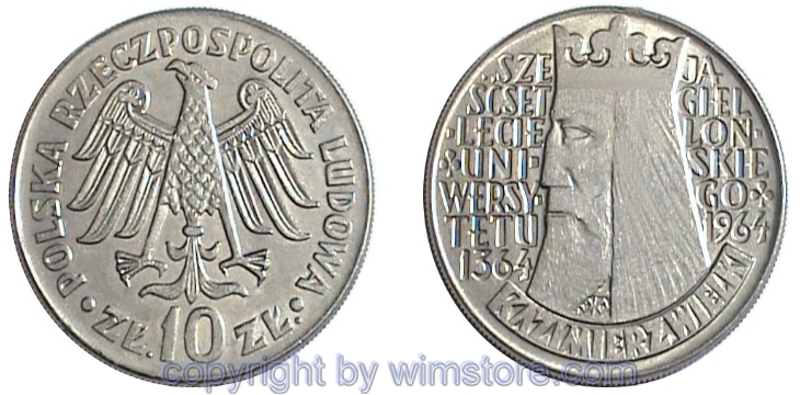 Polen, 10 Zlotych 1964, Jagiello, incuse und erhabene Inschrift, Y 52, Ku/Ni