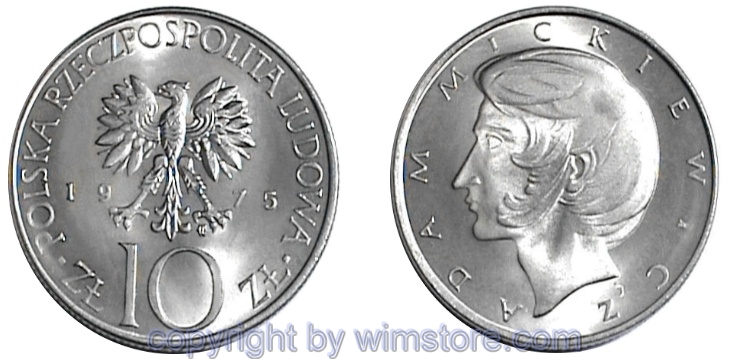 Polen, 10 Zlotych 1975 - 1976, Adam Mickiewicz, , Y 74, Ku/Ni