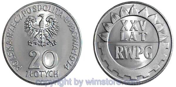 sm15457 Polen, 20 Zlotych 1974, Wirtschaftshilfe, Y 70, Ku/Ni