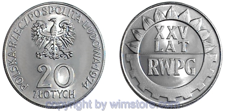Polen, 20 Zlotych 1974, Wirtschaftshilfe, Y 70, Ku/Ni