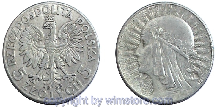 Polen, 5 Zlotych 1932 - 1934, Königin Jadwiga, Y 21, Silber