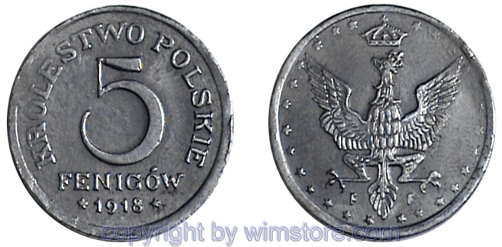 Polen 1816 - 1923, 5 Fenigów 1917, 1918, Y 5, Eisen
