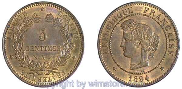 Frankreich, 5 Centimes 1871 - 1898, KM 821, Bronze