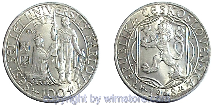 Tschechoslowakei, 100 Korun 1948, Karls Universität, KM 26, Silber