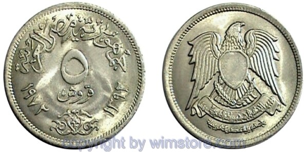 Ägypten, 5 Piastres1972, KM A428, Ku/Ni