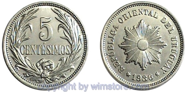 Uruguay, 5 Centesimos 1901 - 1941, KM 21, Ku/Ni