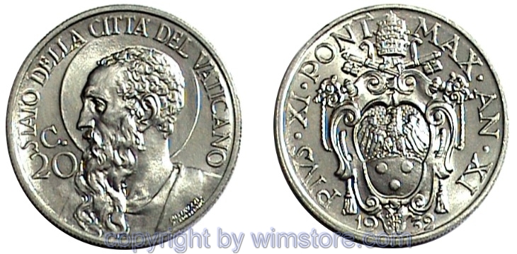 Vatikan, 20 Centesimi 1929 - 1937, KM 3, Nickel