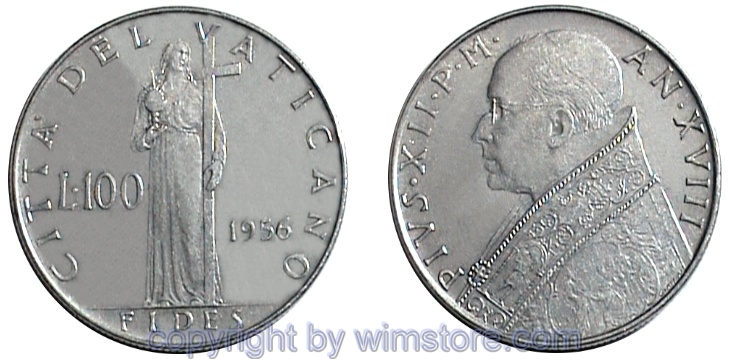 Vatikan, 100 Lire 1955 - 1958, KM 55, Stahl